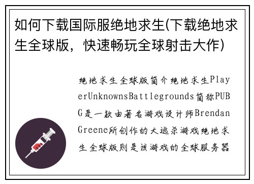 如何下载国际服绝地求生(下载绝地求生全球版，快速畅玩全球射击大作)